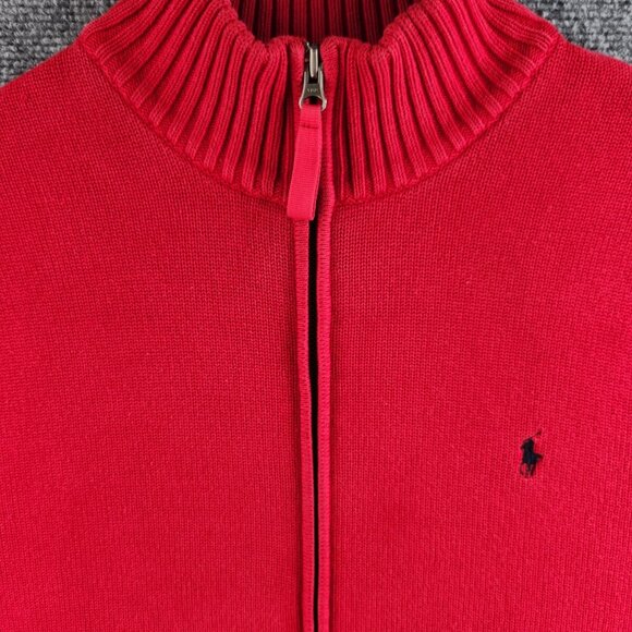 Polo Ralph Lauren Full Zip XL Red Knit Blue Pony Logo Cotton Men Jacket Sweater - Picture 2 of 15